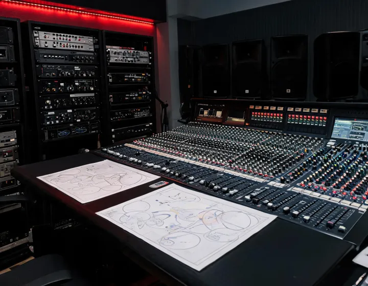 Venue audio operations desk with system documentation